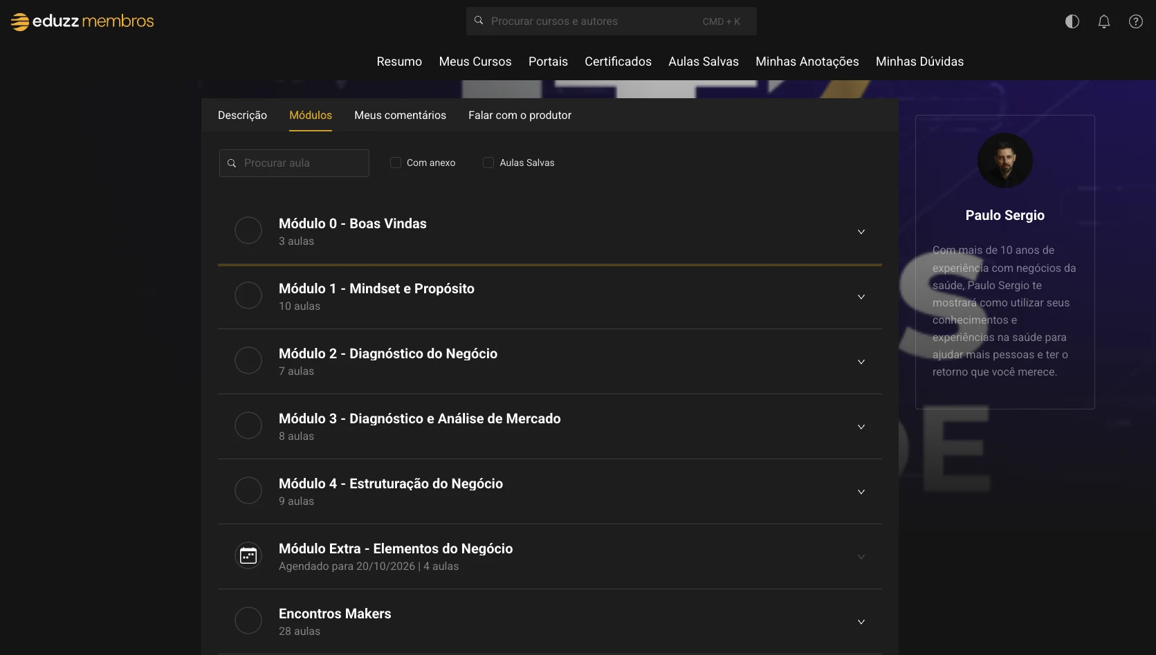 Área de membros do Makers da Saúde na Eduzz com os módulos do Método MIDEA